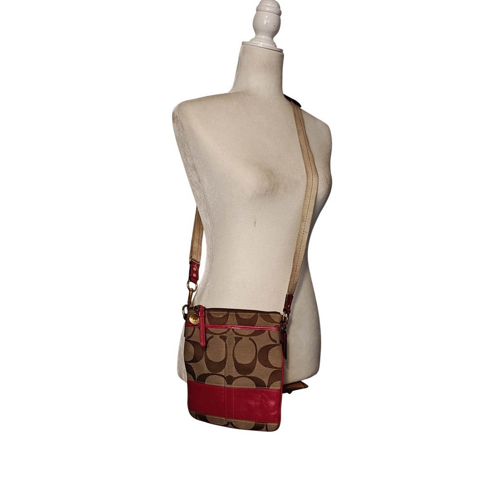 Coach Signature File Bag Women Small Khaki Magenta Pink Crossbody 41644